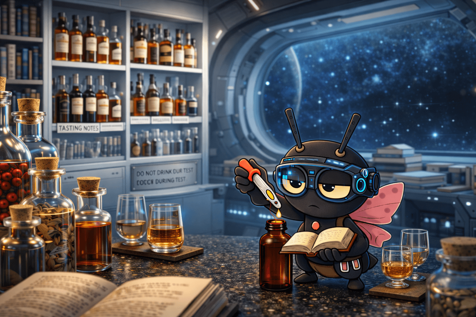 研究所で本と試料を観察するDr.MORPH