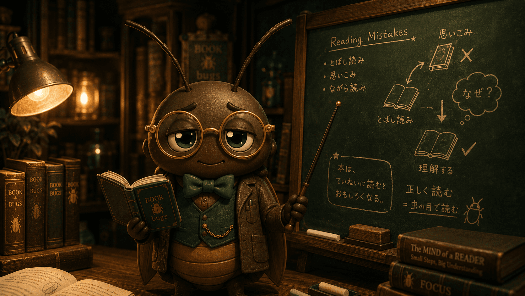 黒板の前で読解を教えるゴキブリ先生
