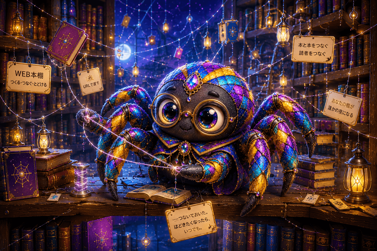 Book Spider が本棚の奥で糸を張る